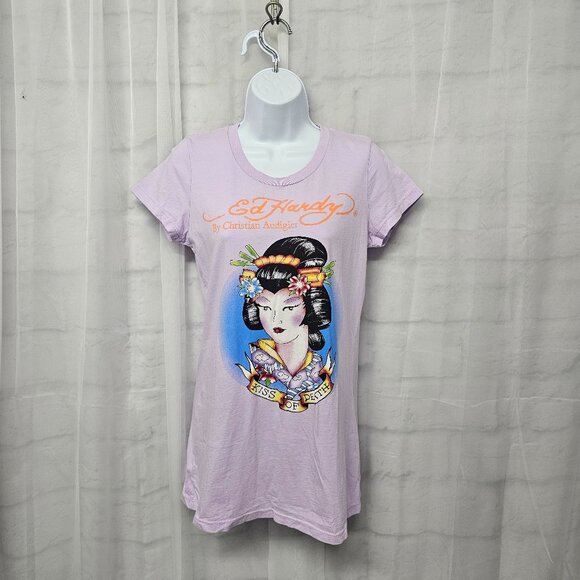 Ed Hardy Kiss of Death Tee Geisha Tattoo Y2K Lavender Made in the USA M NWT - Picture 1 of 13